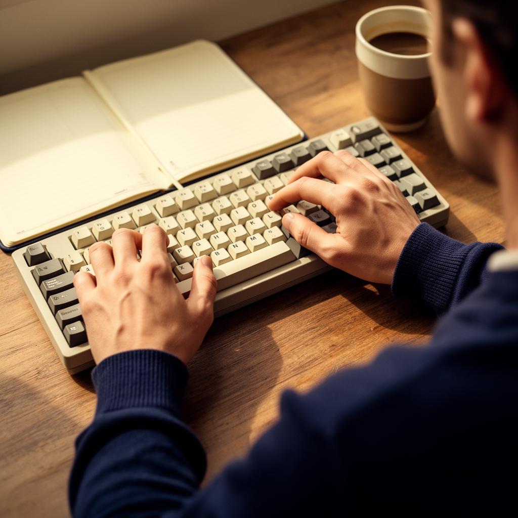 Close-up of hands typing on a mechanical keyboard beside an open notebook